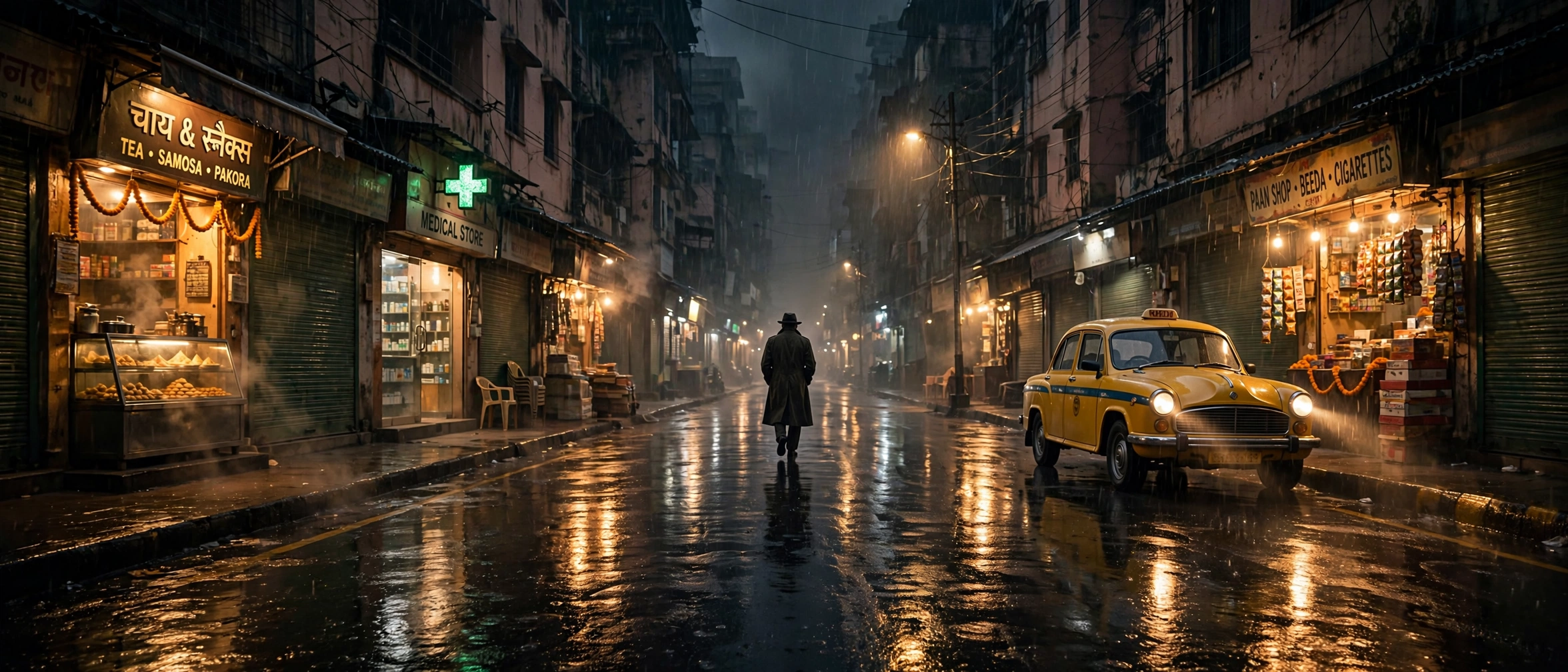 Detective walking down a rain-wet Indian street at night