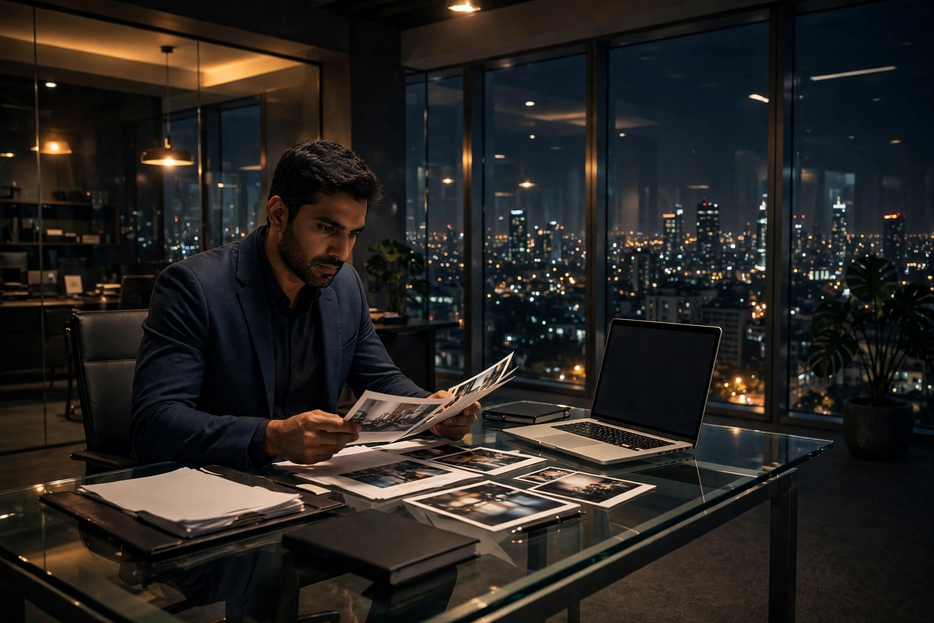 Detective reviewing confidential files in a corporate office at night