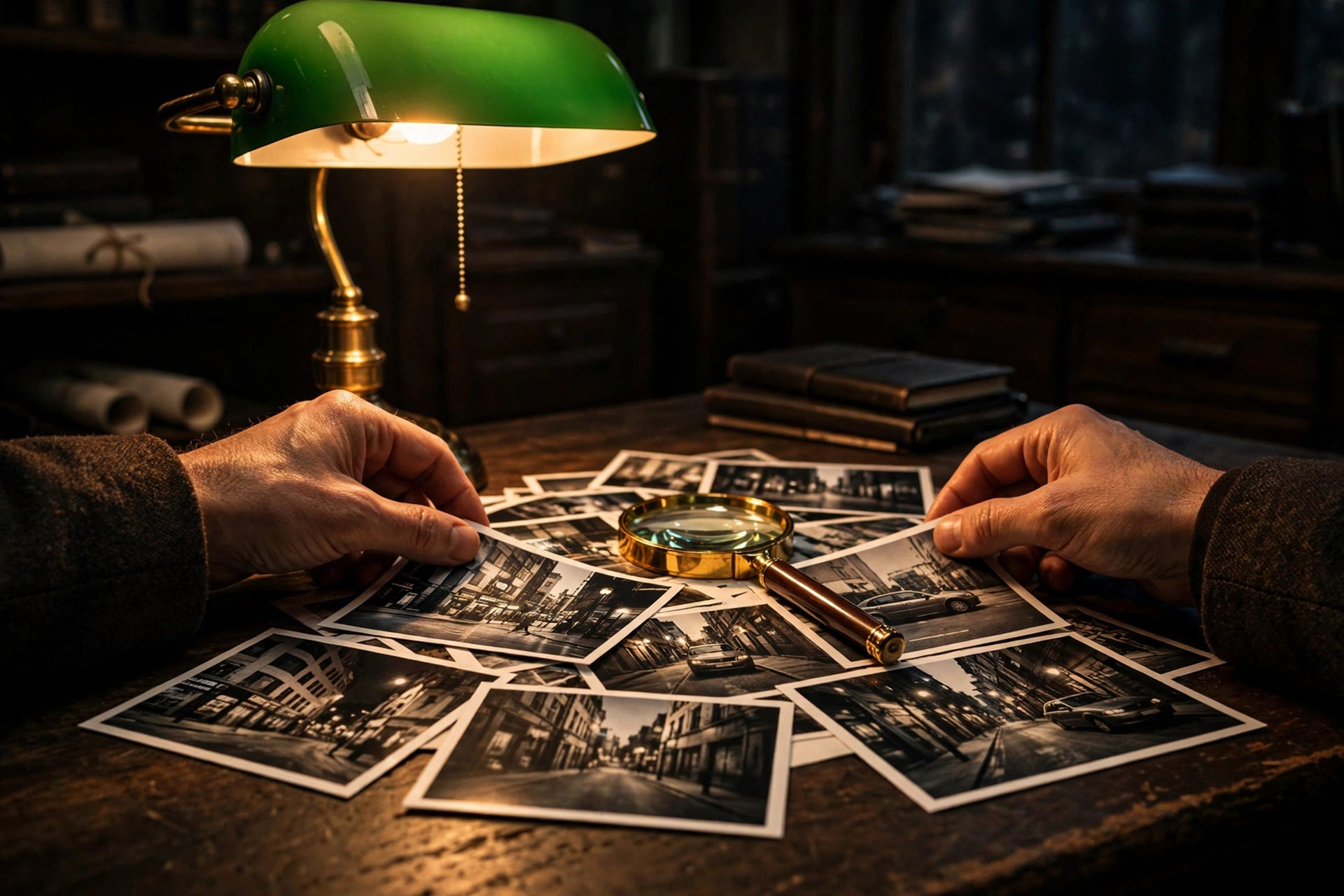 Detective reviewing case photographs under a banker's lamp