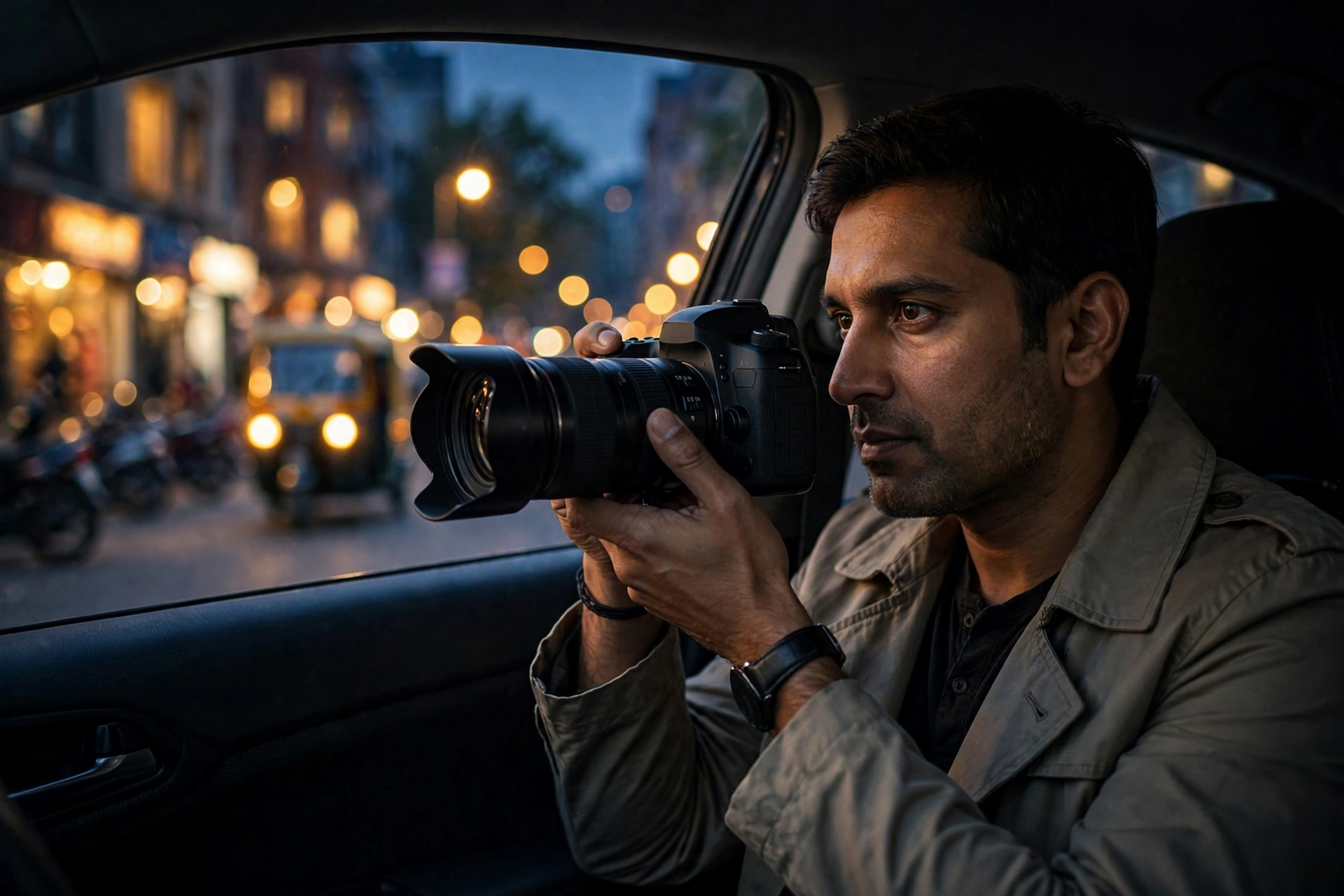 Detective conducting surveillance with a telephoto camera