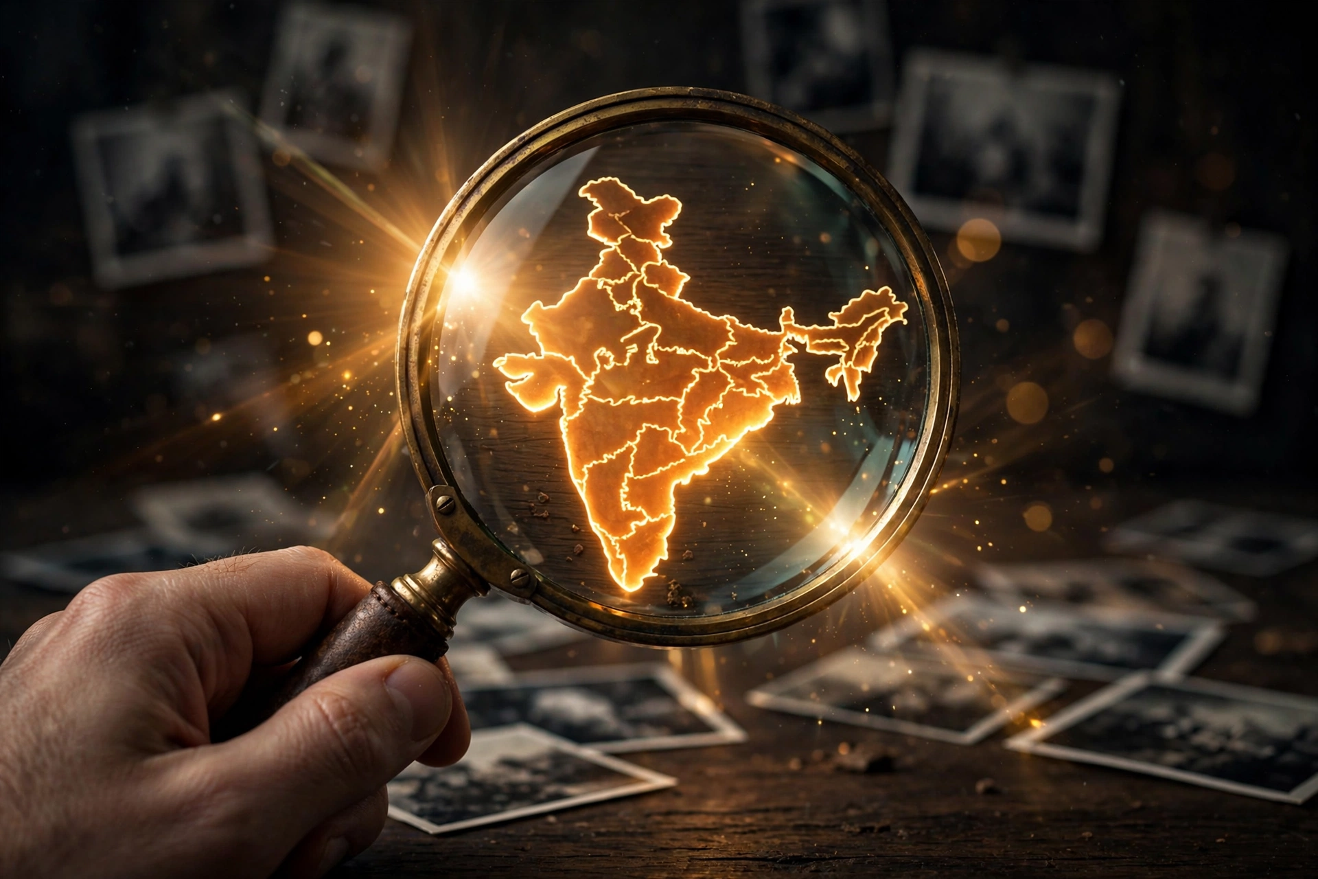 Magnifying glass over a glowing map of India
