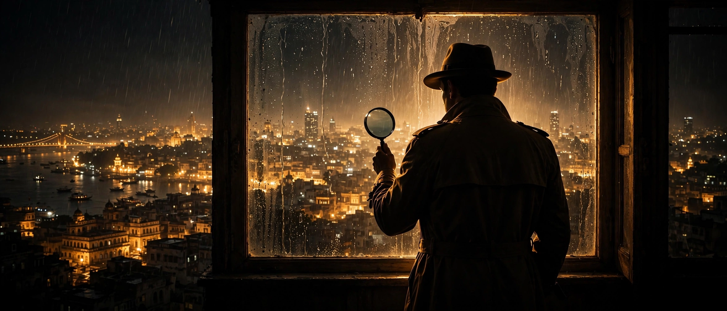 Detective silhouette with magnifying glass overlooking a city at night