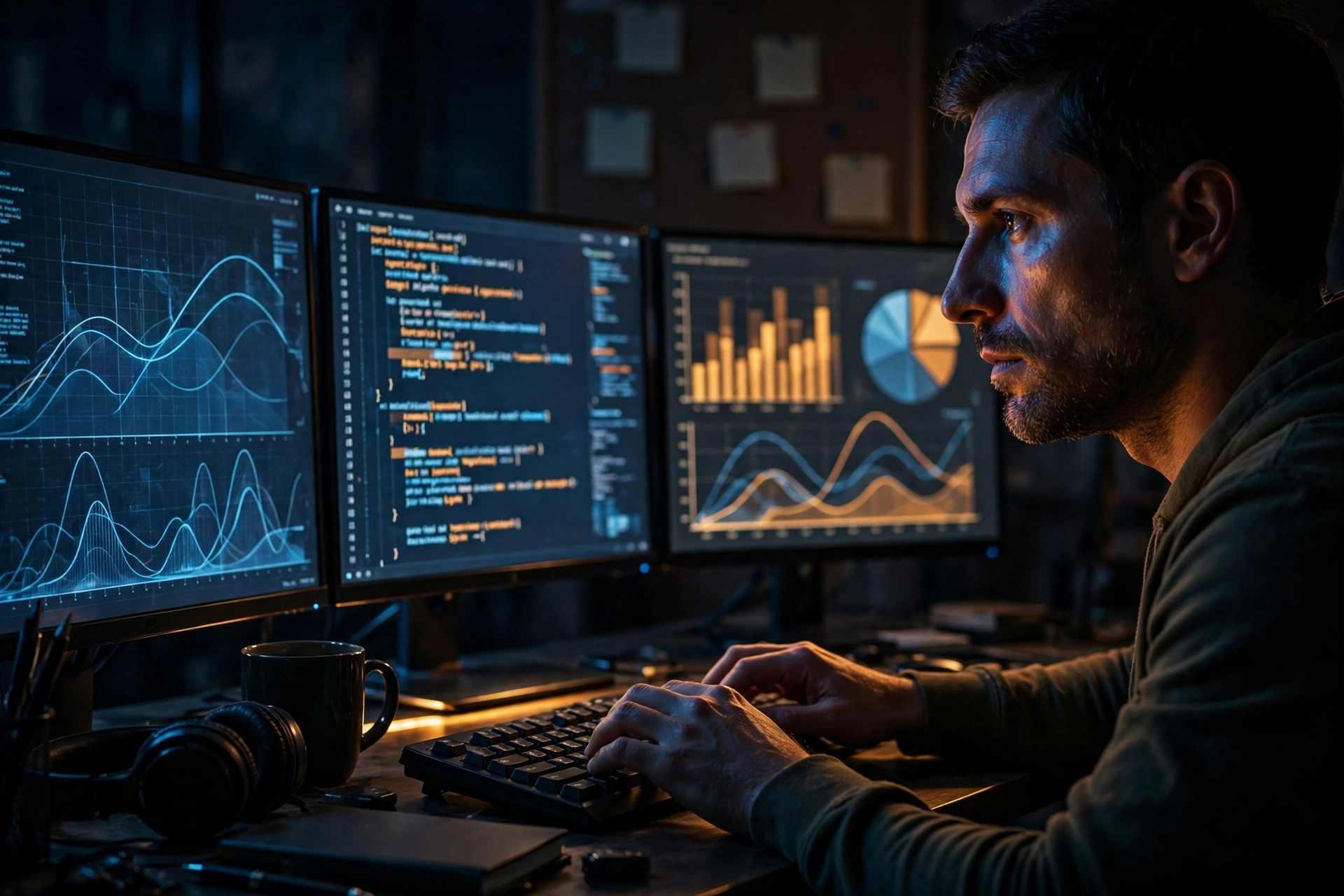 Cyber investigation workspace with monitors in a dark room
